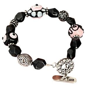 Handcrafted Black Pink White Murano Glass Beaded 925 Sterling Silver Bracelet